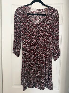 Floral 3/4 Sleeve Swing Dress - Black and Pink